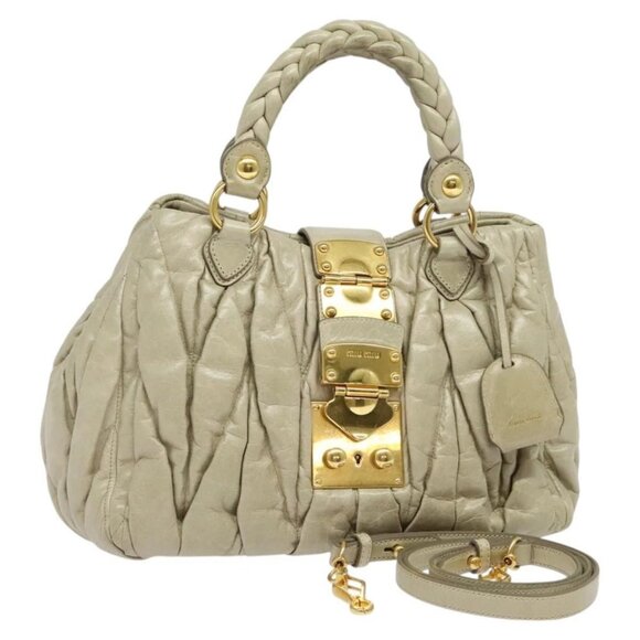 Miu Miu Matelasse Hand Bag Leather 2way Beige Gold Auth sw579V - Picture 1 of 16